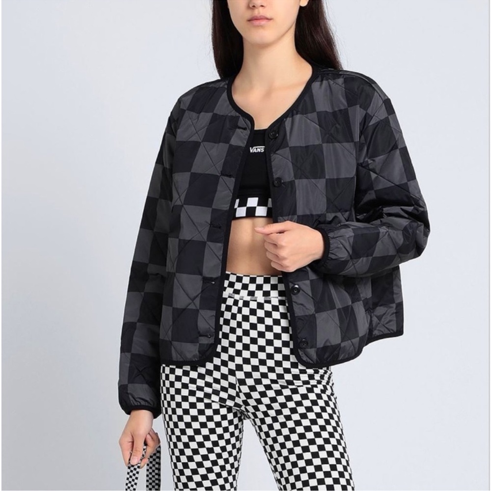 Vans Women's Black and Gray Checkered Puffer Jacket
